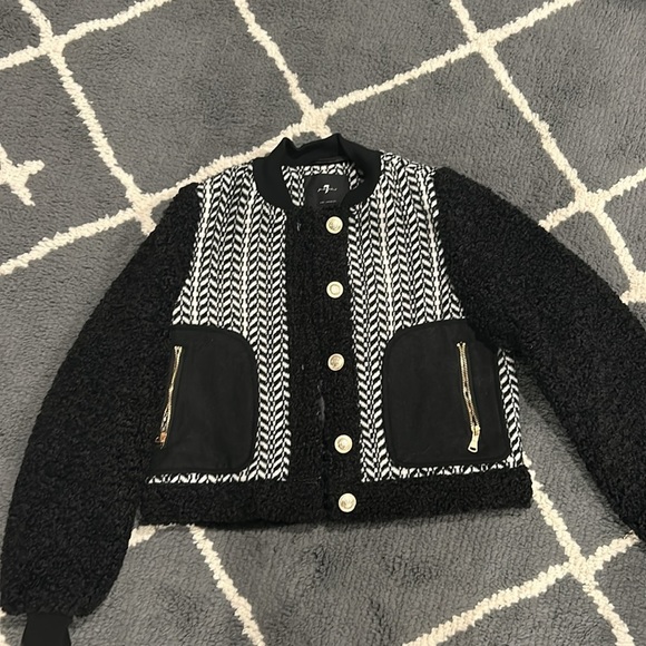 7 For All Mankind Black and White Mixed Media Sherpa Jacket - Picture 2 of 6